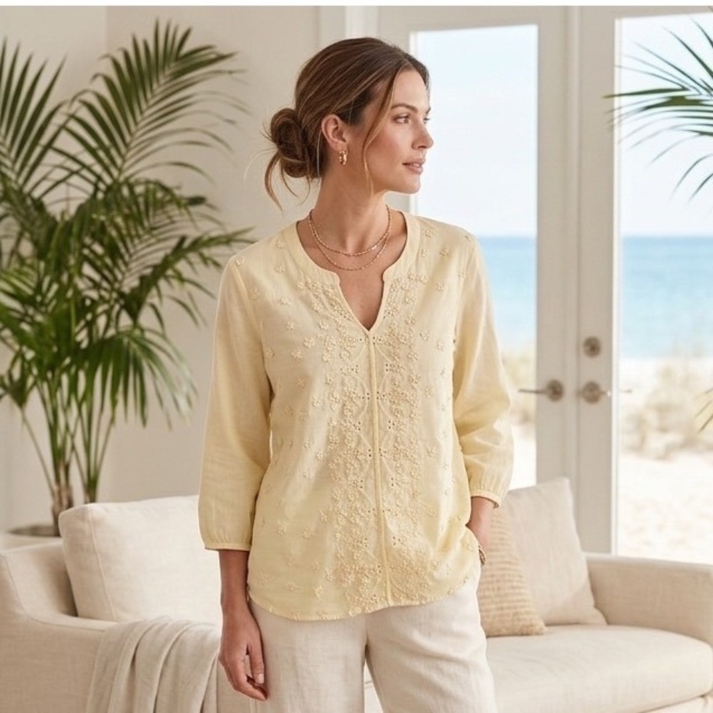 Intro PL Embroidered Cotton Blouse Pale Butter Yellow Eyelet Boho Cottagecore